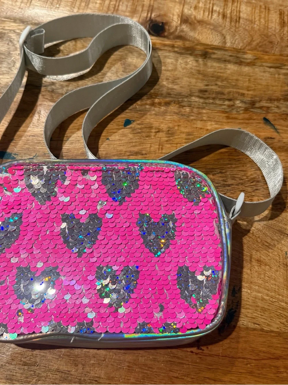 Pink & Silver Reversible Sequin Heart Crossbody Bag